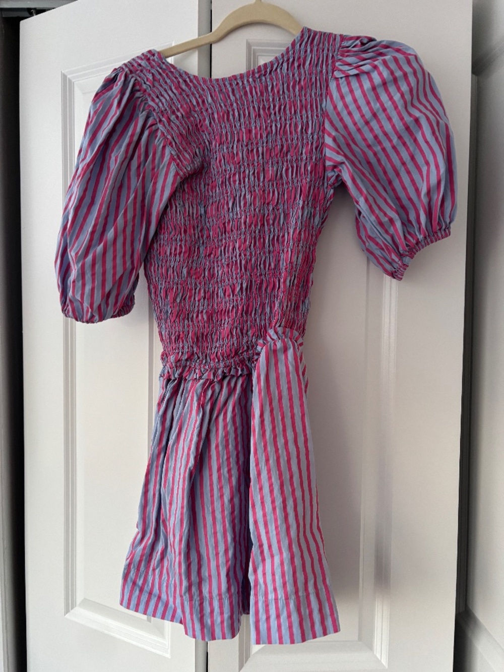 Damson Madder UK8 blue and pink seersucker tie front reversible mini dress